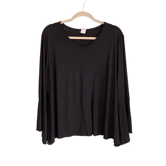 FASHION CARIBE Top Blouse 1X Plus Scoop Neck Belle Ruffled Sleeves Black USA - Picture 1 of 6